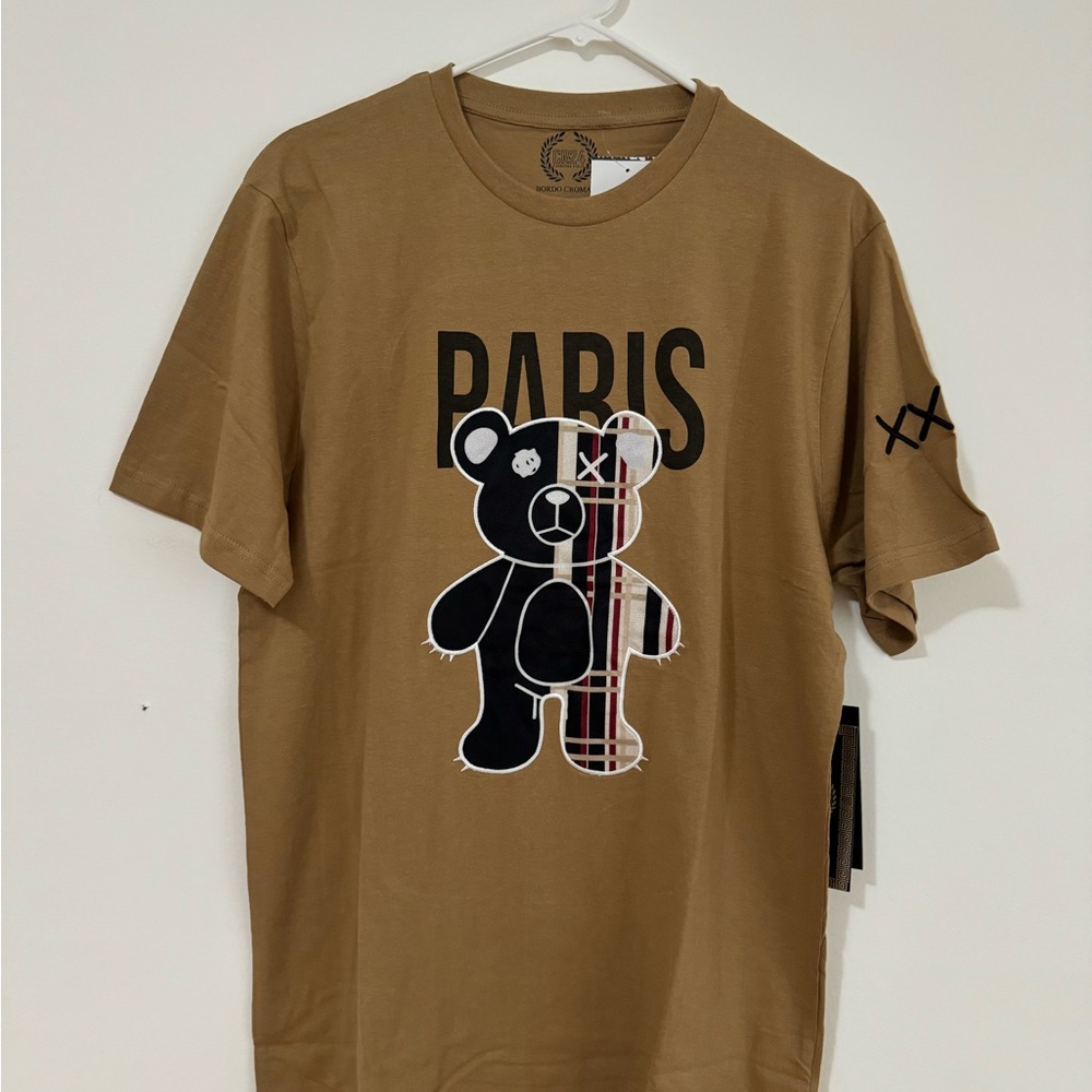 Tan Graphic T-Shirt with Bear and Paris Design